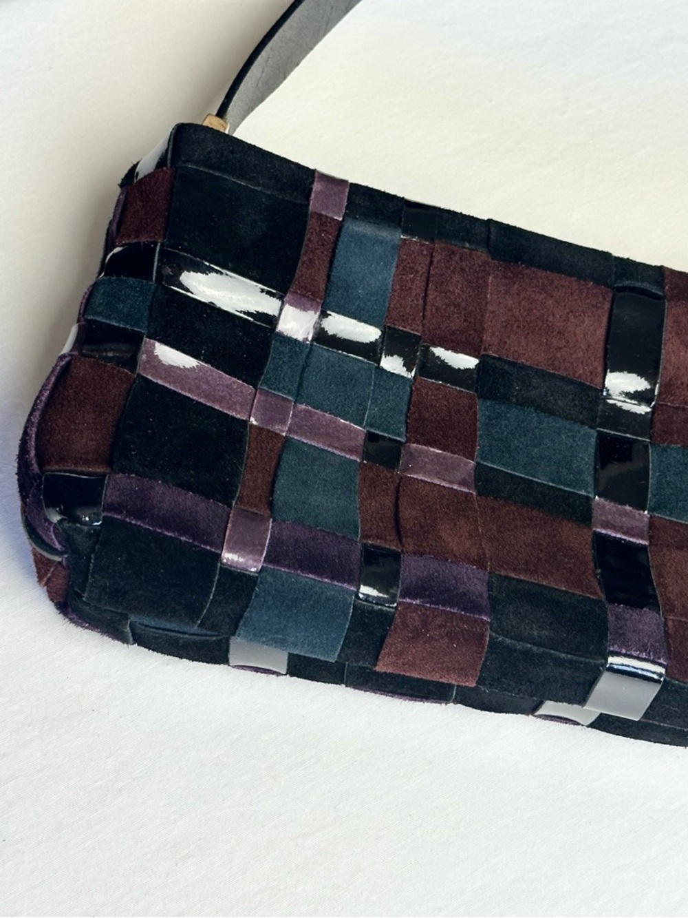Francesco Biasia Woven Leather Patchwork Shoulder Bag in Black, Purple & Blue - Picture 6 of 11